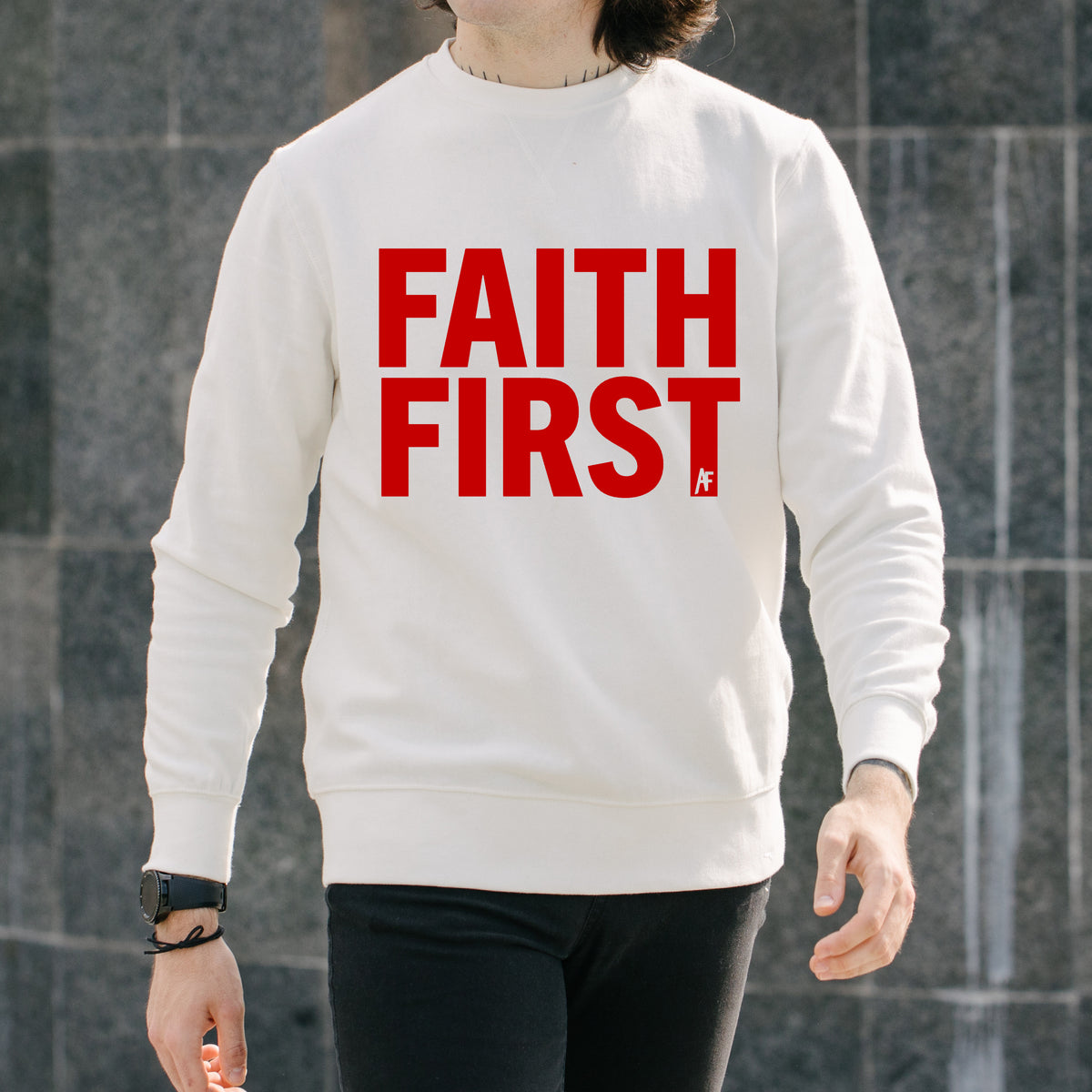 FAITH FIRST white crewneck sweatshirt