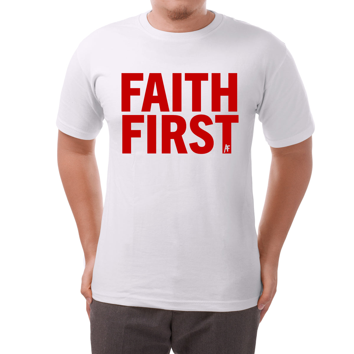 FAITH FIRST white tee with red print